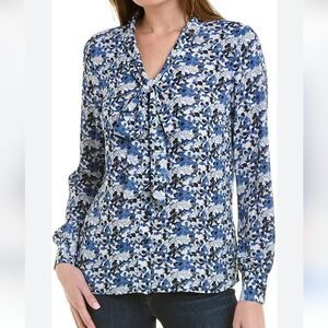 Brooks Brothers‎ 6 Blue and White Floral Tie Neck Long Sleeve Button Up Shirt